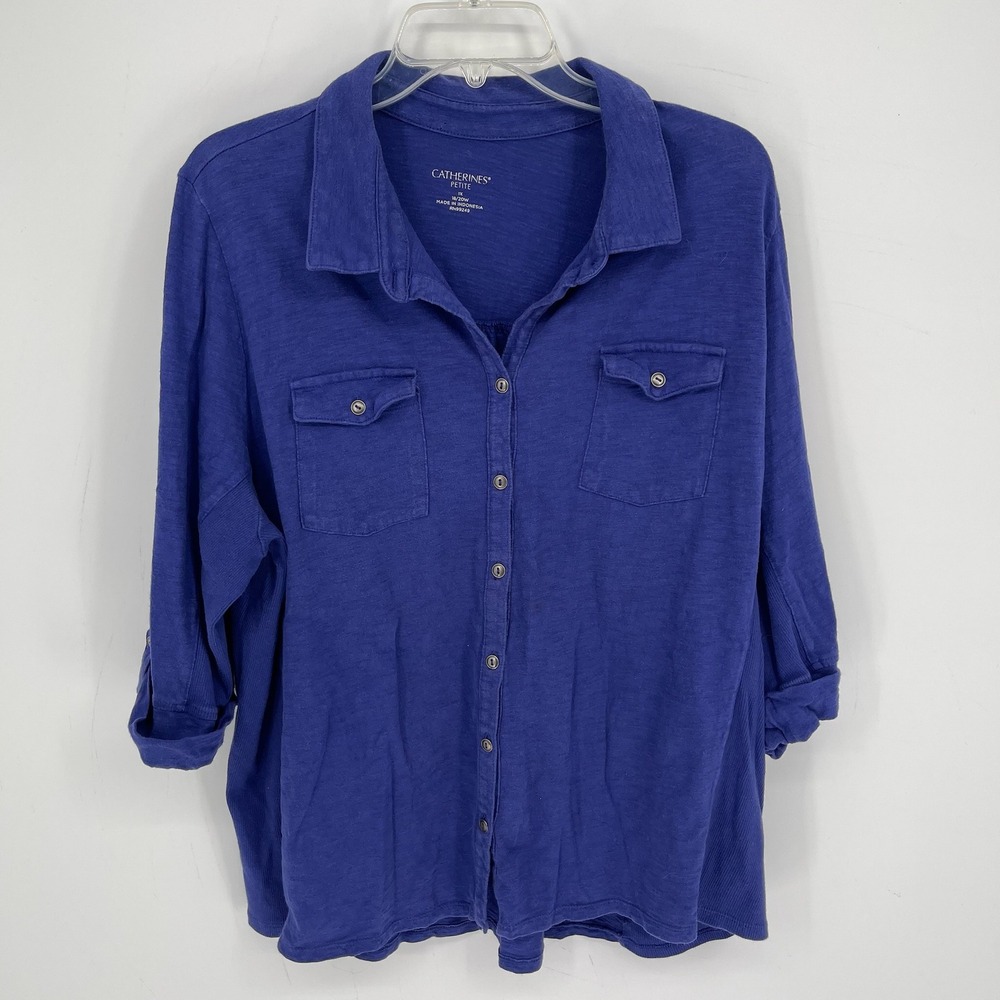 Catherines Women's Blue Button Front Roll Tab Sleeve Slub Knit Shirt Size 1XWP